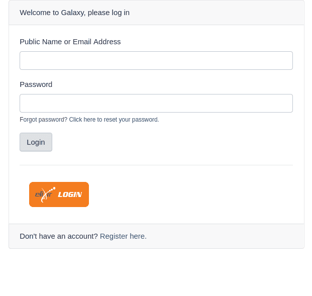 Galaxy login screen with ELIXIR AAI button