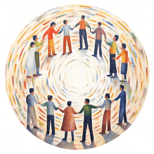 swirled cluster dots surround a circle of people all holding hands, looking towards the bright center (future)