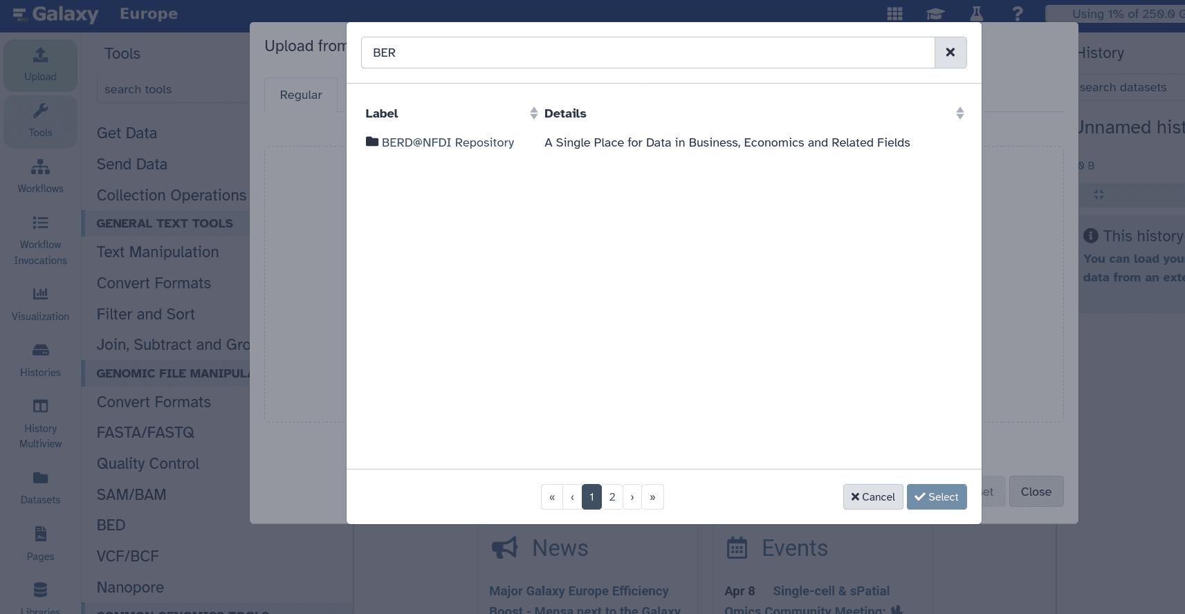 Screenshot of the BERD Data Portal Folder in Galaxy