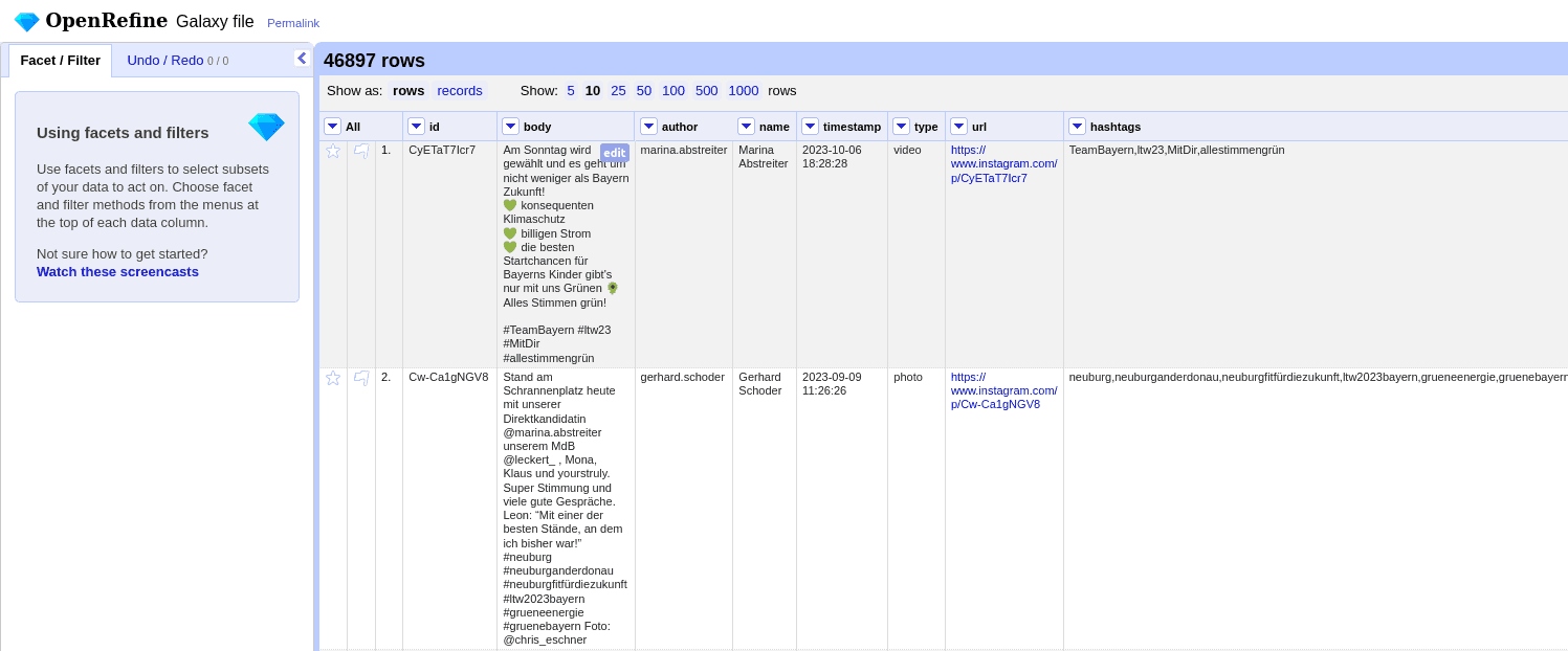 Screenshot of the BERD  example file in Open Refine on Galaxy