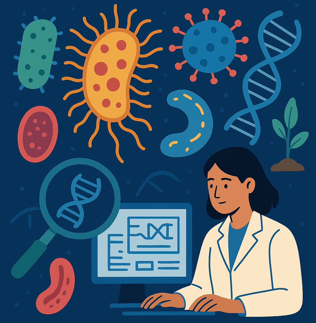 This illustration depicts a scientist in a laboratory setting, surrounded by colorful graphical representations of microorganisms and biological elements, emphasizing the field of microbial research and bioinformatics. The scientist, working on a computer displaying data analysis graphs, is framed by various icons including bacteria, viruses, DNA strands, and microbes, symbolizing the diversity of microbial life and genetic study. A magnifying glass focusing on a DNA helix highlights the importance of genomic analysis and sequencing in this research. The overall image conveys the integration of technology and biology to explore and understand microbial ecosystems, genetic information, and their implications for health and science.