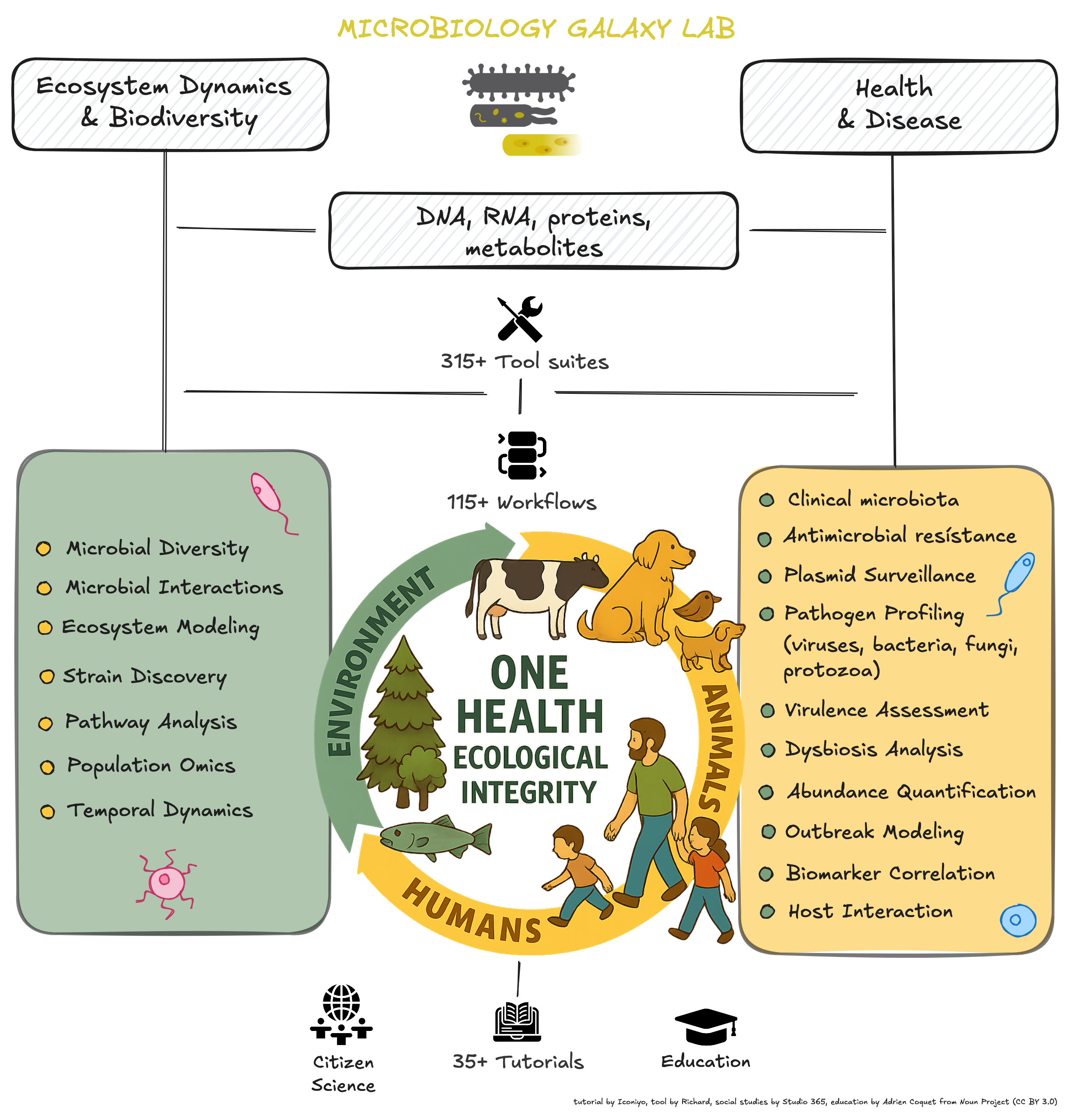 This image presents the Microbiology Galaxy Lab, a platform dedicated to One Health and ecological integrity, illustrating how it connects humans, animals, and the environment through the analysis of DNA, RNA, proteins, and metabolites using 315+ tool suites and 115+ workflows. On the left, it highlights ecosystem dynamics and biodiversity, covering areas such as microbial diversity, interactions, ecosystem modeling, strain discovery, pathway analysis, population omics, and temporal dynamics. On the right, it focuses on health and disease, addressing topics like clinical microbiota, antimicrobial resistance, pathogen profiling (viruses, bacteria, fungi, protozoa), virulence assessment, dysbiosis analysis, abundance quantification, outbreak modeling, biomarker correlation, and host interaction. The lab also emphasizes citizen science, education, and 35+ tutorials, promoting accessibility and knowledge sharing in microbiology research.