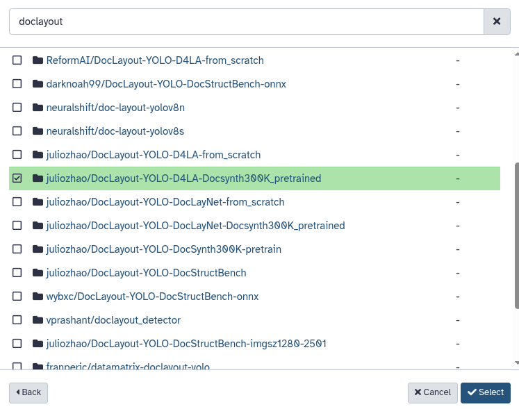 Browse Hugging Face repos from Galaxy and select the DocLayout-YOLO repository