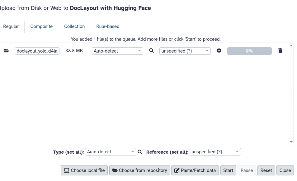 File added to upload queue; click Start to import
