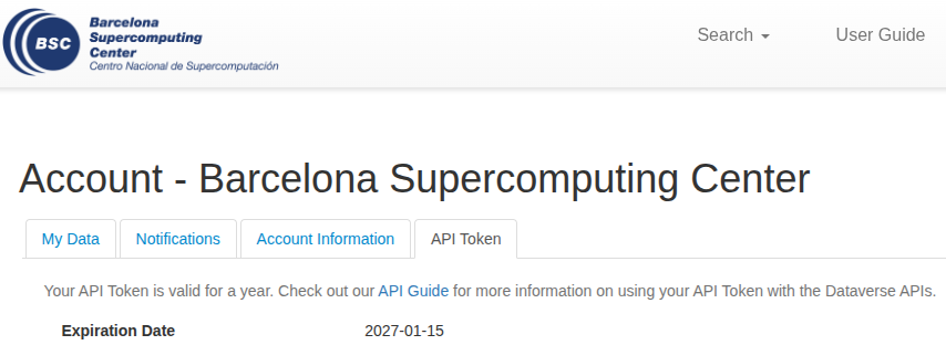 BSC Dataverse account page showing the API Token tab and token validity