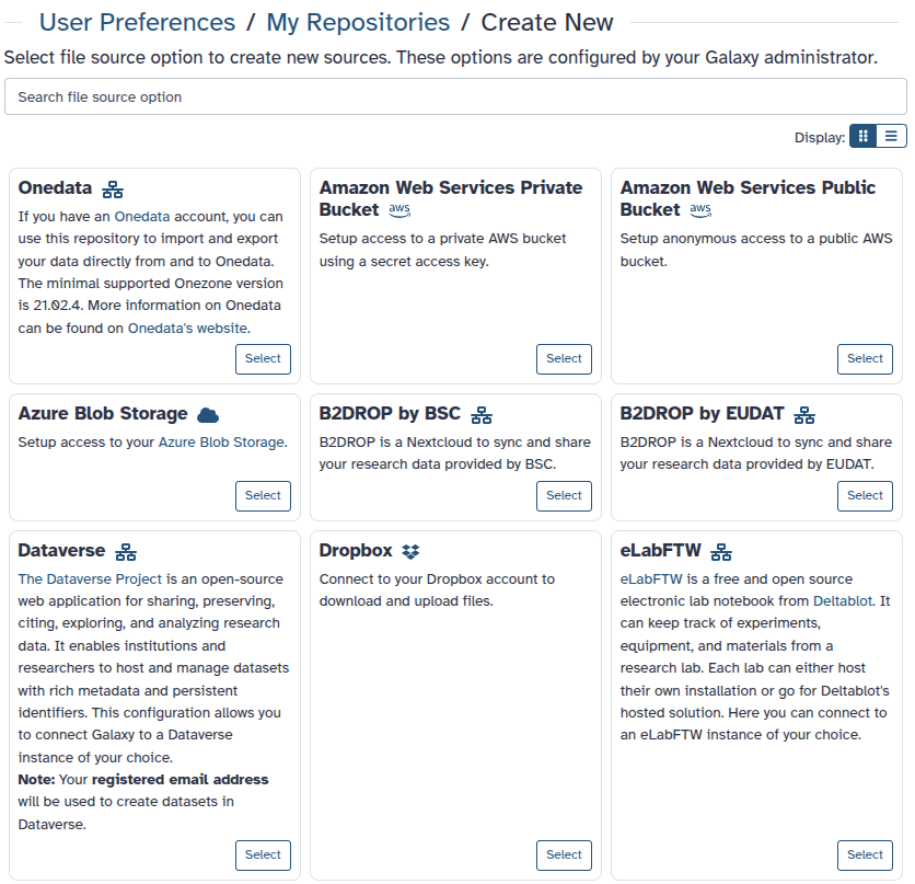 Galaxy: Create new repository source options, including Dataverse