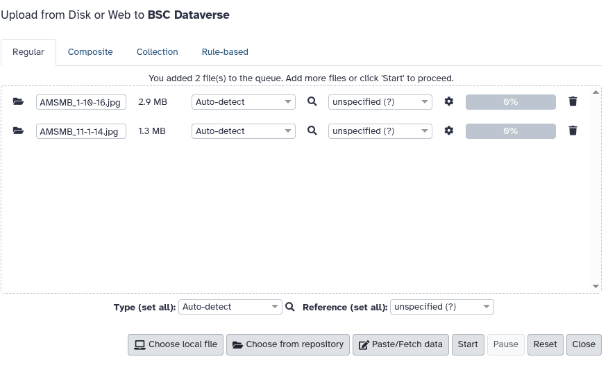 Galaxy: Upload dialog showing a file queued for upload to BSC Dataverse