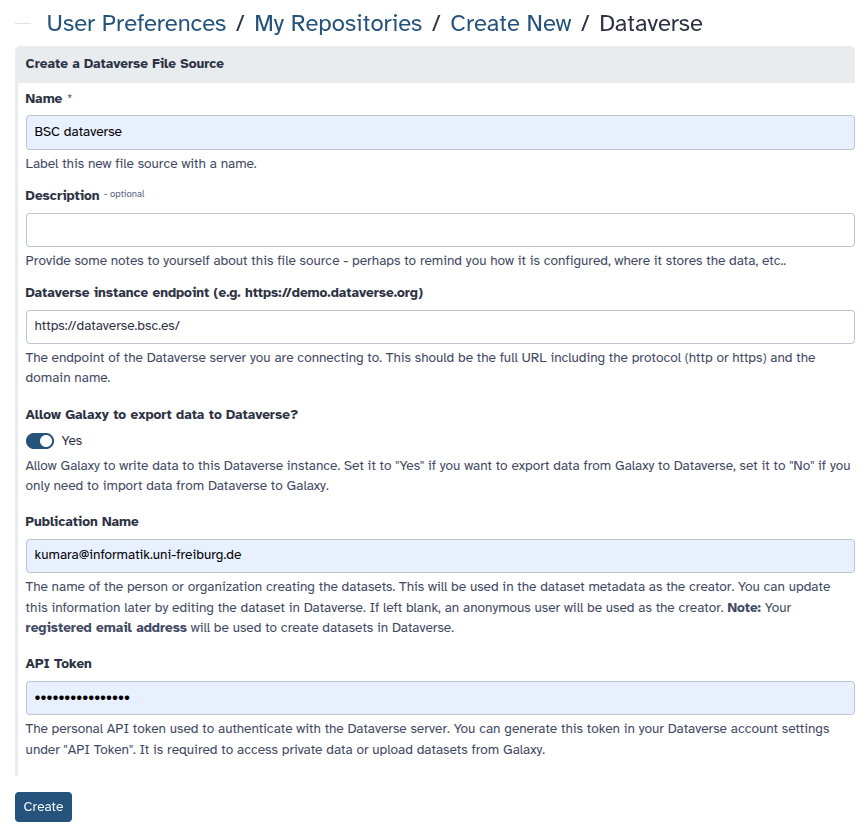 Galaxy: Dataverse file source configuration form (endpoint, export toggle, publication name, API token)