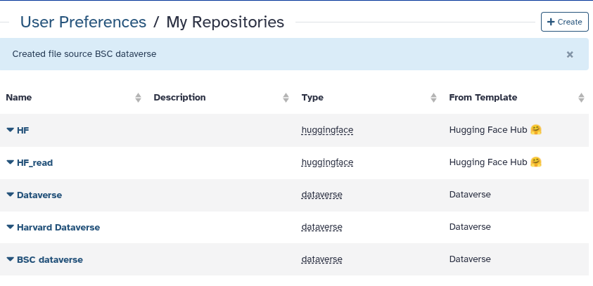 Galaxy: My Repositories list showing a created BSC Dataverse source