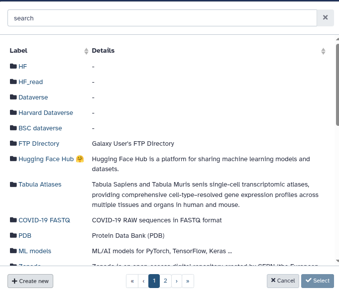 Galaxy: repository picker showing available file sources including BSC Dataverse