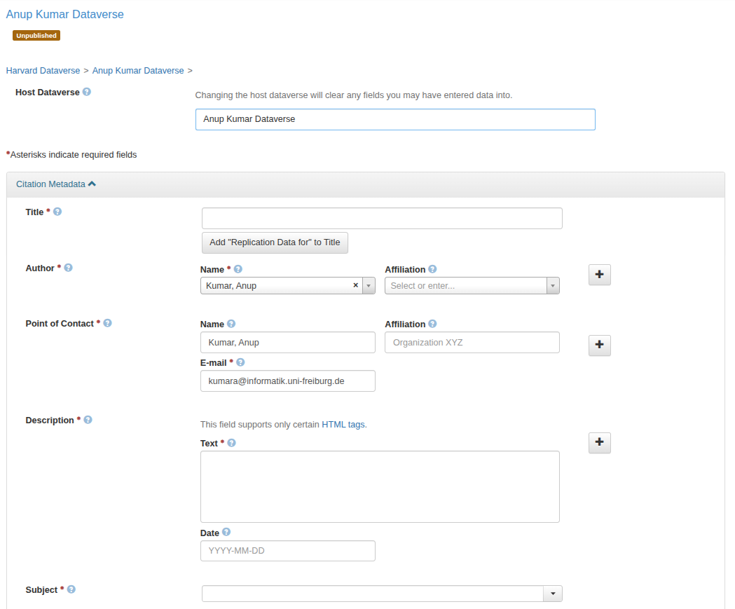 Harvard Dataverse: add dataset form
